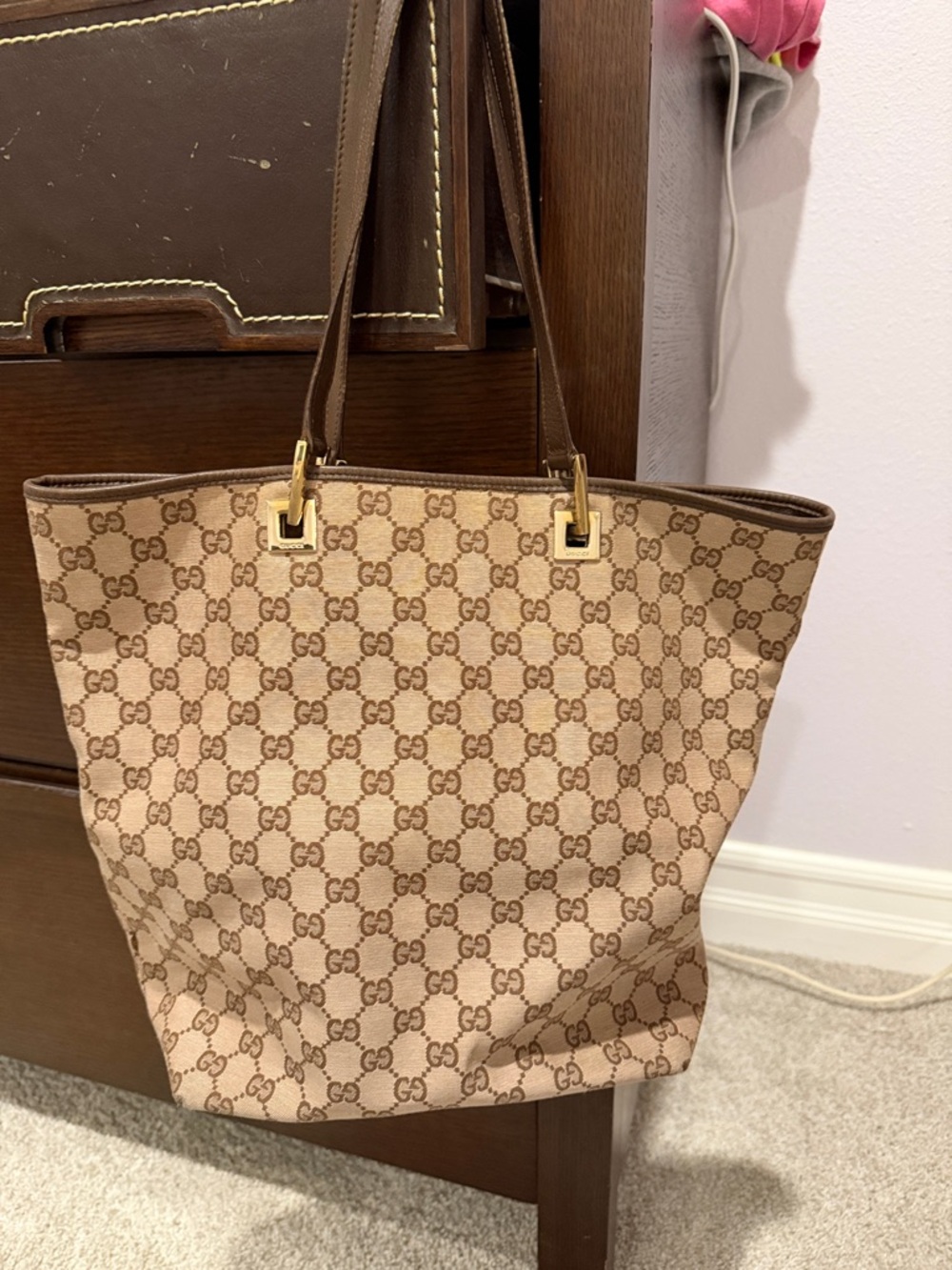 Gucci Beige and Brown GG Canvas Tote with Leather Trim